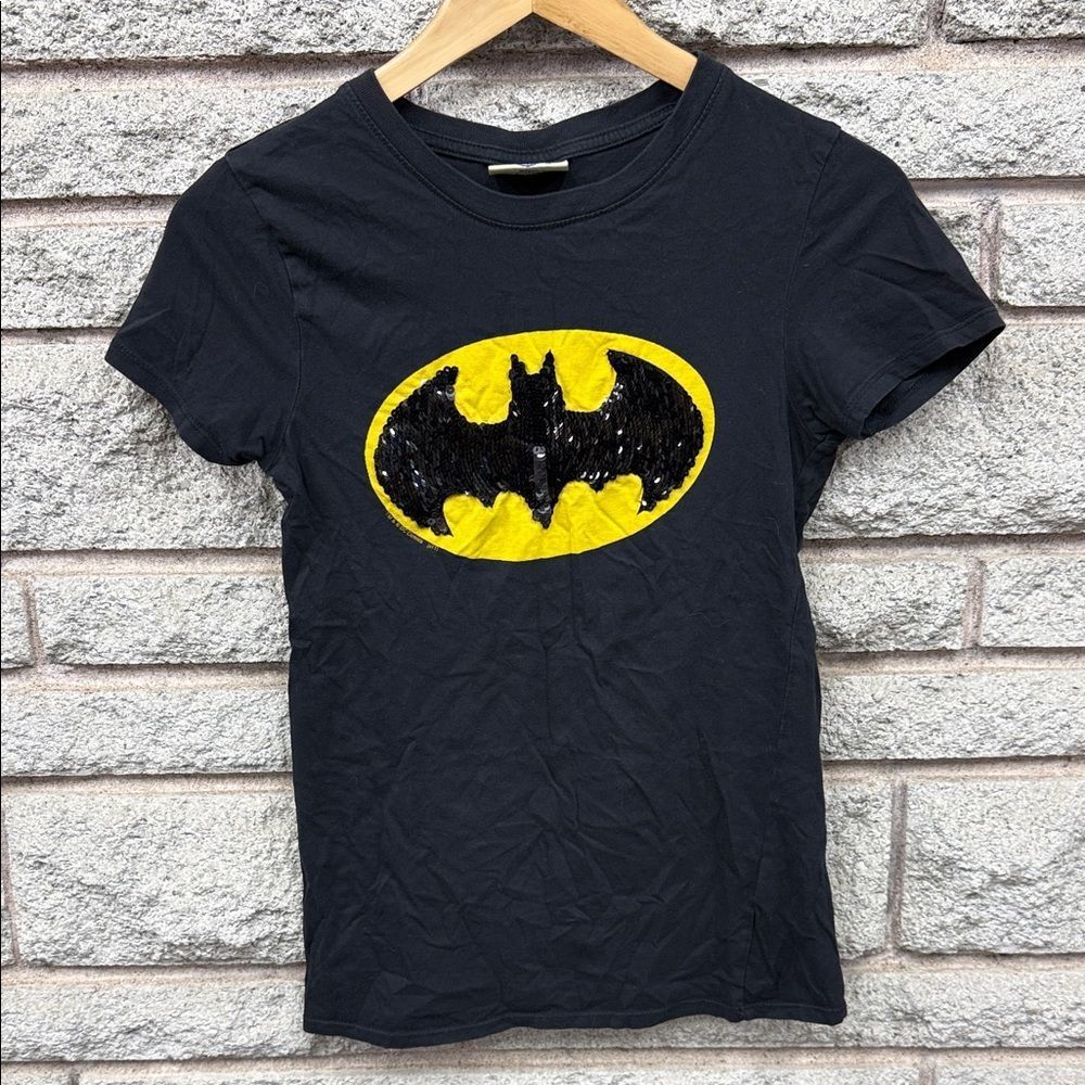 Black T-Shirt with Yellow Sequin Batman Logo